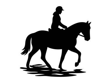 Beyaz arka planda izole edilmiş siyah at ve binici silueti. Binicilik, hayvan, spor, ata binme, ikon, logo, tasarım unsuru.