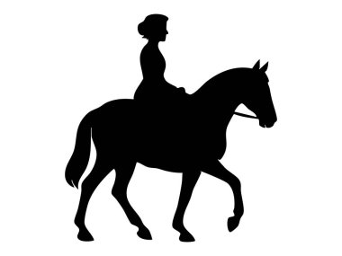 Beyaz arka planda izole edilmiş, ata binen bir kadının siyah silueti. Binicilik, ata binme, kadın binicilik, siluet sanatı, tasarım unsuru.