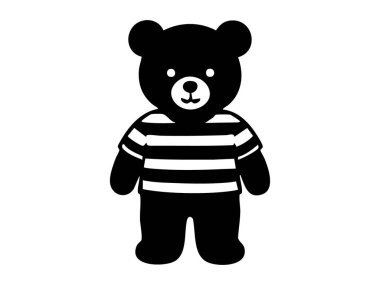Beyaz arka planda izole edilmiş çizgili gömlek giyen siyah oyuncak ayı silueti. Sevimli oyuncak ayı, çocuk oyuncağı, çocukluk, oyuncu dekor, logo, tasarım unsuru.