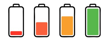 Batarya şarj simgeleri beyaz arka planda izole edilmiş farklı seviyelerde güç gösteriyor. Şarj konsepti, enerji, pil ömrü, elektronik, güç göstergeleri.