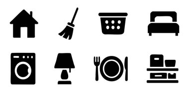 Ev, süpürge, çamaşır sepeti, yatak, çamaşır makinesi, lamba, yemek takımı ve beyaz arka planda izole edilmiş raflar. Ev, simge, dekor kavramı.