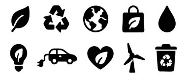 Yaprak, geri dönüşüm, toprak, su damlası, ampul, elektrikli araba, rüzgar türbini, çöp tenekesi gibi çevre dostu ikonlar. sürdürülebilirlik kavramı, çevre, yeşil enerji, ekoloji, siyah siluet.