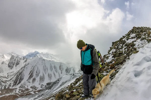 人と犬のラブラドールが曇り登山します — ストック写真