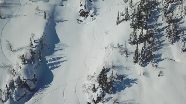 Drohne schoss Skipiste von schneebedecktem Berghang ab — Stockvideo