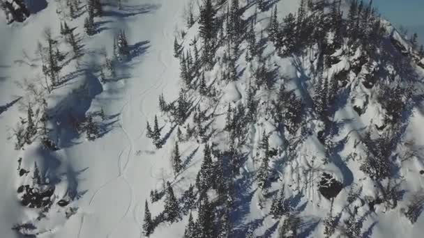Letecký dron zastřelil sjezdovka zasněžené horské svahu — Stock video