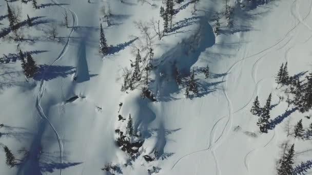 Antenne von Drohne Mann Skifahrer Skitouren in den schneebedeckten Bergen bergauf in einer Linie — Stockvideo