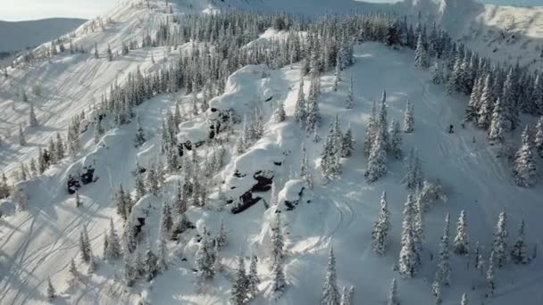 Fly fra skiløper som turnerer i de snødekte fjellene i en linje – stockvideo