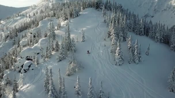 Anténa z drone muž lyžař skialpinismus v zasněžených horách do kopce v řádku — Stock video