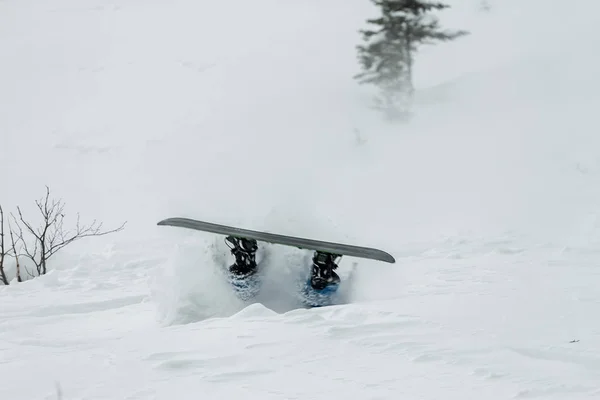 Snowboarder freerider saltando de uma rampa de neve em um fundo de floresta e montanhas — Fotografia de Stock