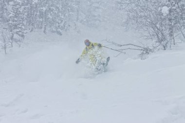 bir kar yağışı dağlarda toz karda adam kayakçı freerider iner