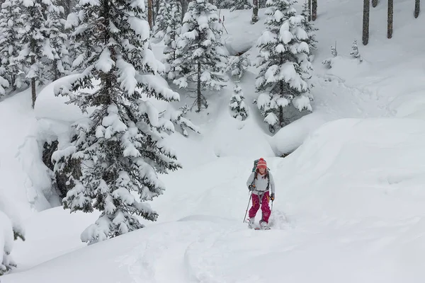 Mujer esquiadora freerider skitur cuesta arriba en la nieve en el bosque de invierno — Foto de Stock