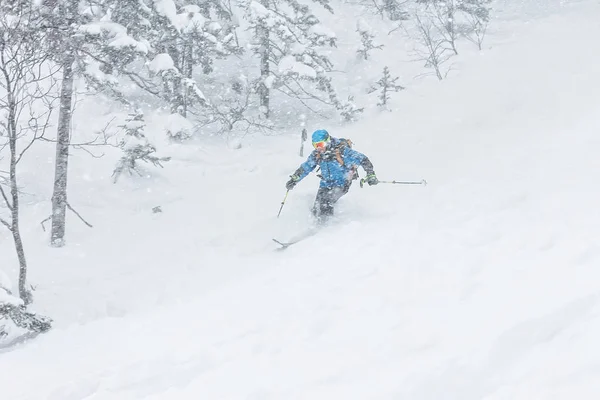 Uomo sciatore freerider scende sulla neve polverosa in montagna in una nevicata — Foto Stock