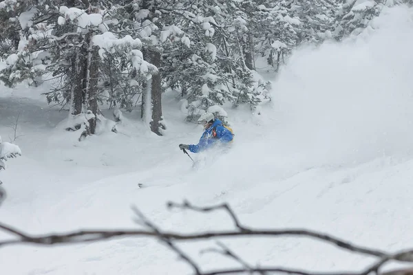 Homem esquiador livre cavaleiro vai para baixo na neve em pó nas montanhas em uma queda de neve — Fotografia de Stock