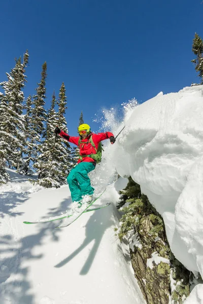 Freerider esquiador salta desde una roca de nieve en los árboles en las montañas — Foto de Stock