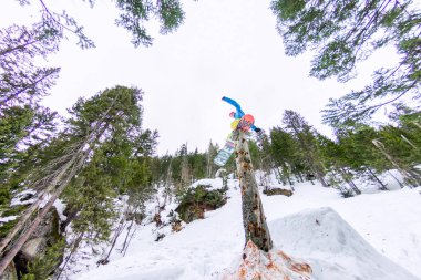 Freestyle Snowboard kış dağlar bir ormanda bir günlüğüne Düzülke ayakta yapar