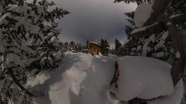 Panorama casa chalet durante una nevada en los árboles bosque de invierno por la noche a la luz de la luna — Foto de Stock