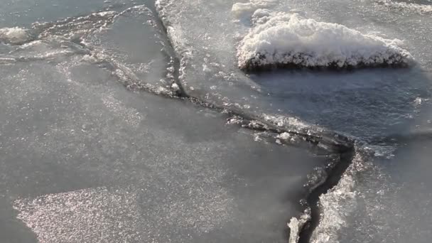 Trozos de hielo fundido transparente se balancean sobre las olas de cerca. Lago Baikal en invierno — Vídeo de stock