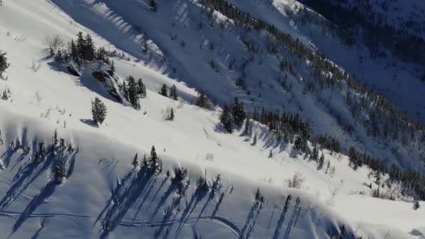 Antenn drönare sköt skidspår av snötäckta berg lutning — Stockvideo