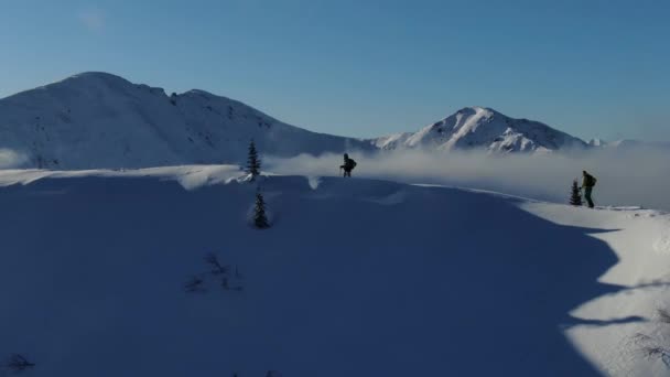 Aérien de drone paire de freeriders skieur randonnée à ski dans les montagnes enneigées en montée dans une ligne — Video