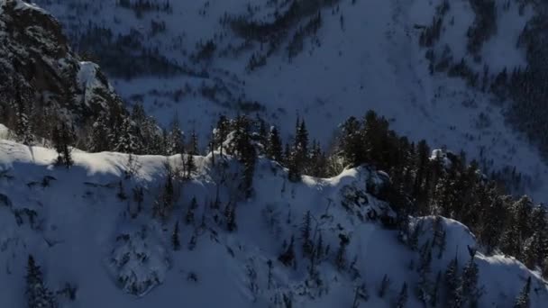 Mouvement aérien de drones autour d'une falaise sur une montagne enneigée au milieu de la forêt — Video