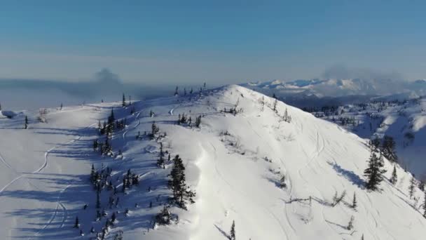Luchtfoto drone schoot ski spoor van besneeuwde berghelling — Stockvideo