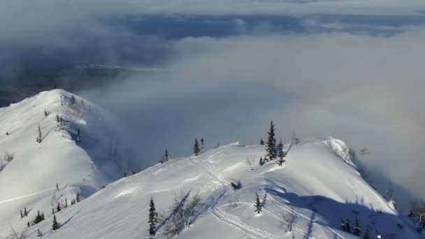 Luftdrone skudt ski spor af snedækket bjergskråning – Stock-video