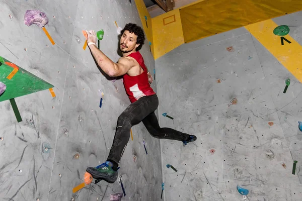 Rock climber man hanging on a bouldering climbing wall, inside on colored hooks