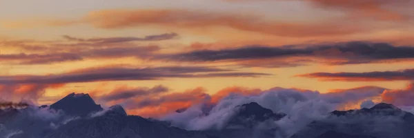 Широкий кут панорами силует лісу та гірських вершин у червоних помаранчевих синіх хмарах градієнт заходу сонця — стокове фото