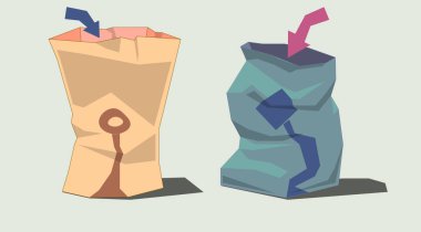 Image of several objects. Among them there are crumpled paper bags and arrows. clipart