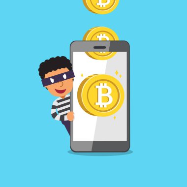 Cryptocurrency kavramı vektör karikatür hırsız ve para sikke kazanç smartphone