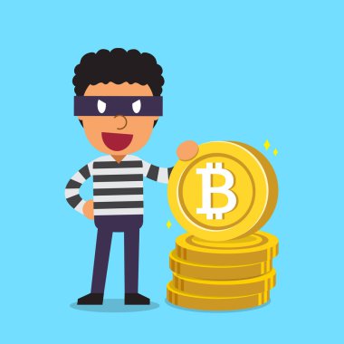 Cryptocurrency kavramı bir hırsız büyük para yığını ile