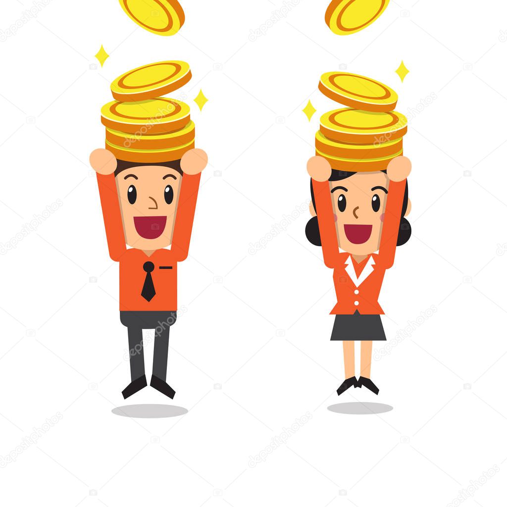 Vector cartoon businessman and businesswoman with money coins