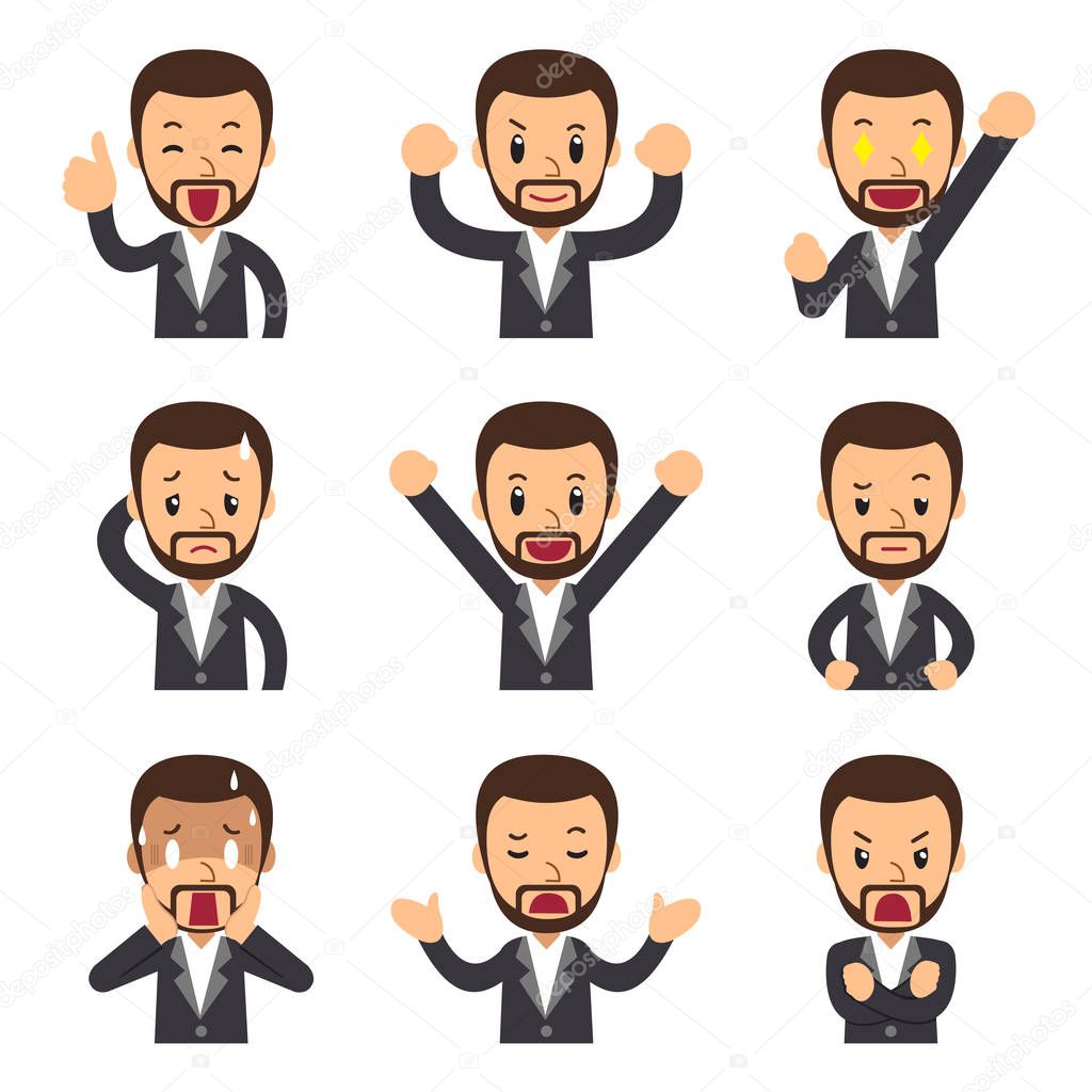 Vector cartoon set of businessman faces showing different emotions for design.