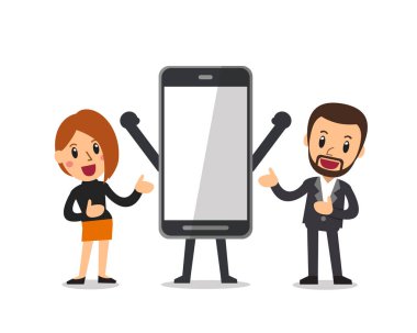 Vektör karikatür işadamı ve tasarım için büyük smartphone kadınla.