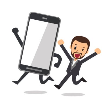 Vektör çizgi film karakteri işadamı ve tasarım için büyük smartphone.