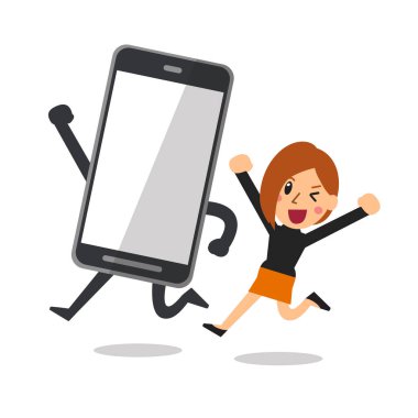 Çizgi film karakteri kadın vektör ve tasarım için büyük smartphone.