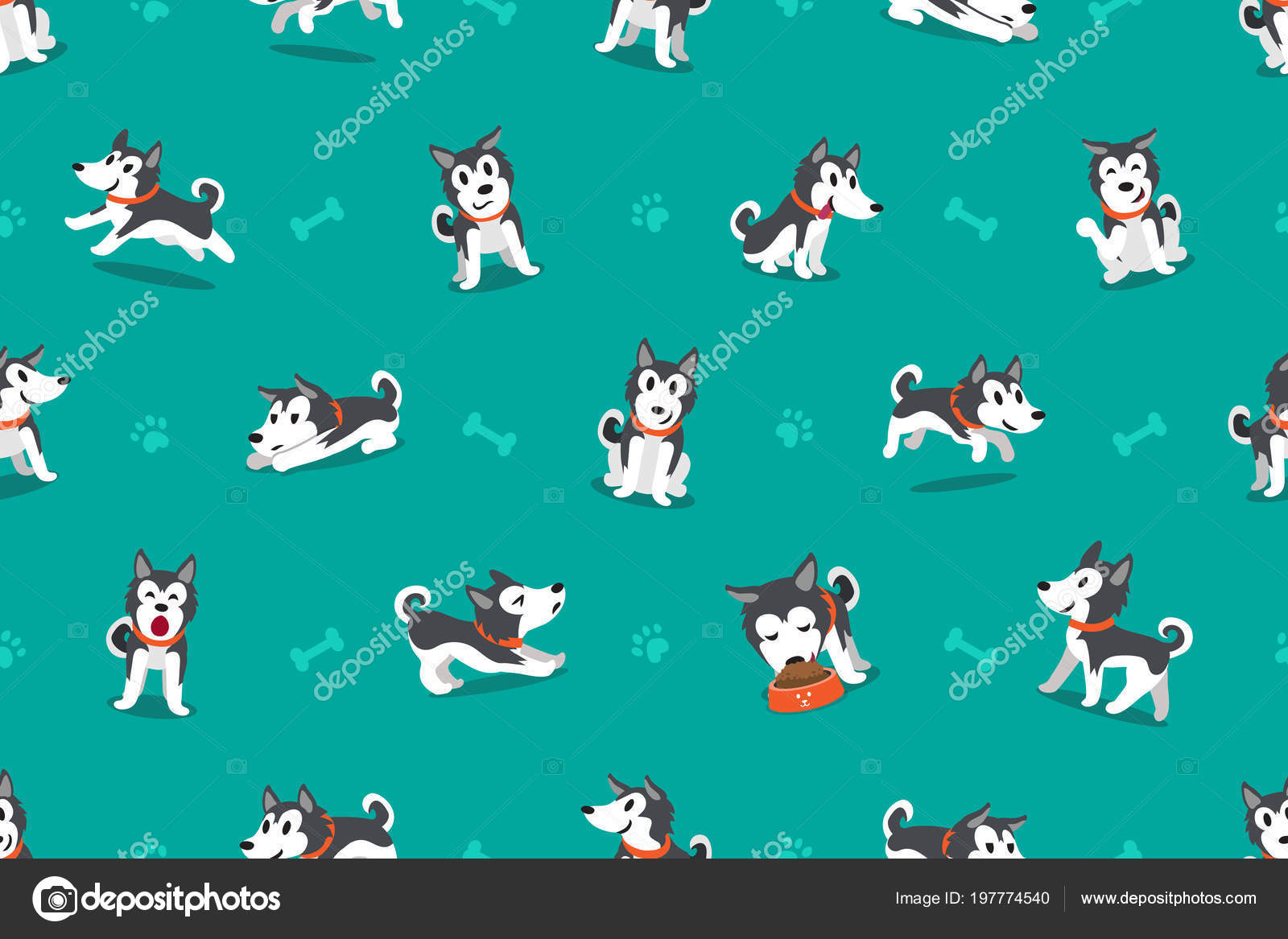 Vetor Desenhos Animados Husky Siberiano Cachorro Sem Costura Padrão