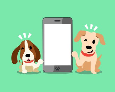 Vektör karikatür karakter labrador ve tazı köpek ile smartphone tasarım için.