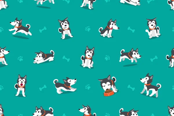 Vector Personaje Dibujos Animados Perro Husky Siberiano Patrón Sin Costuras — Vector de stock