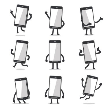 Çizgi film smartphone karakter pozlar ile boş perde tasarım için.