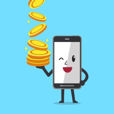 Çizgi film smartphone tasarım için büyük paralar yığını ile.