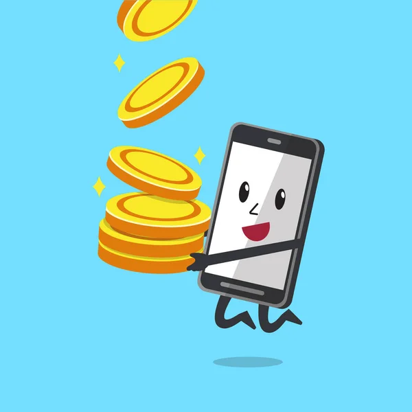 Vector Cartoon Karakter Smartphone Met Grote Munten Stack Voor Ontwerp — Stockvector