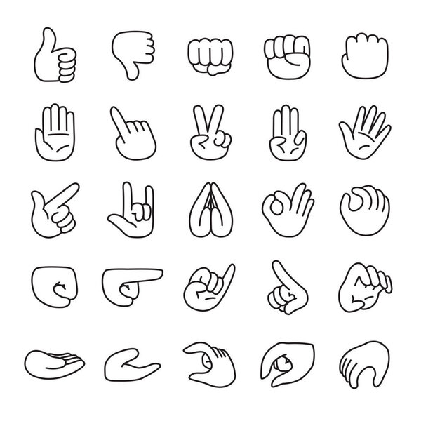 Vector hands gestures line icon set for design.