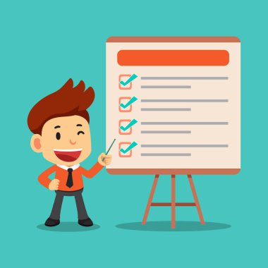 Vektör karikatür işadamı kalem ve tasarım için gemide tamamlanmış denetim listesi.