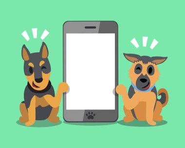 Çizgi film karakteri Alman çoban ve tasarım için smartphone ile doberman köpek.