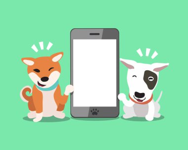 Çizgi film karakteri boğa korkunç köpek ve tasarım için smartphone ile shiba Inu köpek.