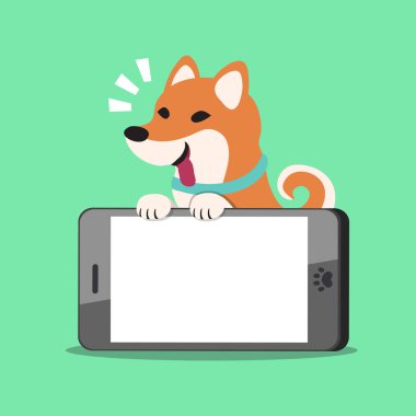 Çizgi film karakteri shiba Inu köpek tasarımı için büyük bir akıllı telefon ile.