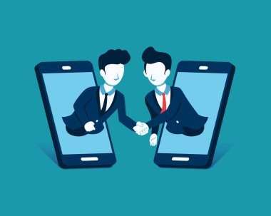 Tasarım için görüntü akıllı telefonlar ile el sıkışan iş kavramı vektör illüstrasyon iş adamları.