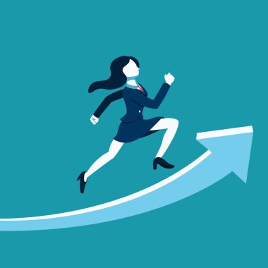 Tasarım için büyük ok işareti üzerinde çalışan İş kavramı vektör illüstrasyon iş kadını.