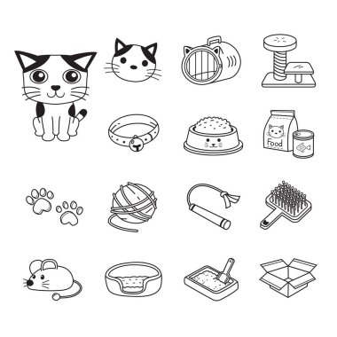 Vektör karakter kedi ve aksesuarları karikatür tarzı tasarım için ayarla.